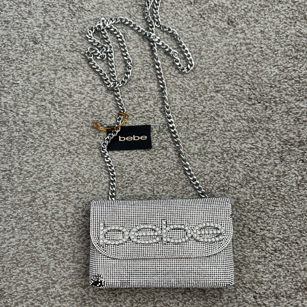 Bebe Sparkling Silver Clutch with Chain